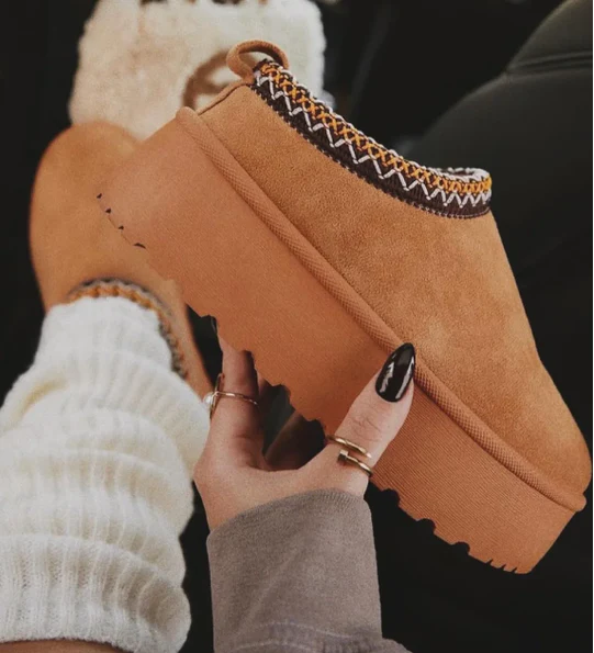 Fluffy Faux Fur Lined Platform Slippers -ChestNut