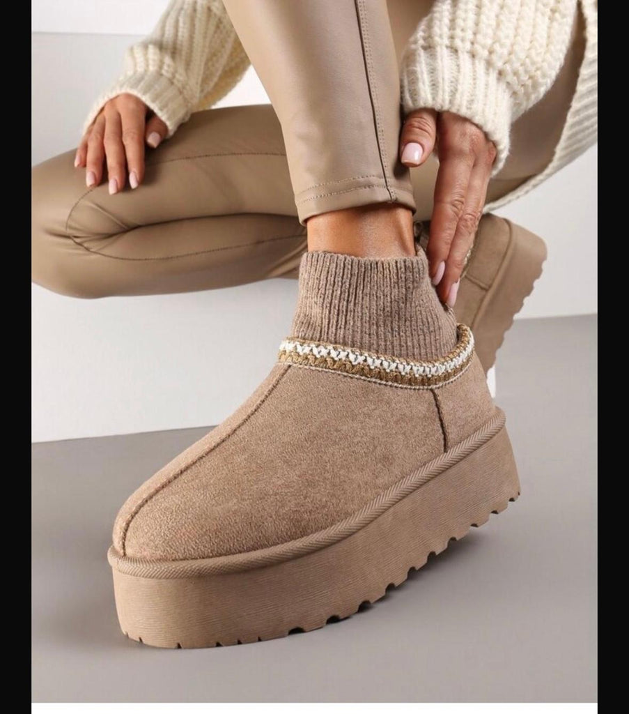 Ankle Sock Platform Boots -Beige