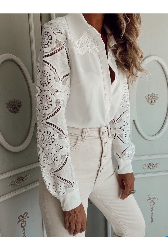 Solid Lace Patchwork Blouse -White