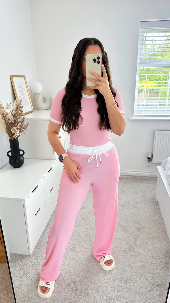 White Trim Crop Top & Trouser CO-ORD -Baby Pink