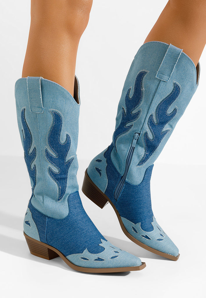 Two-Tone Denim Cowboy Boots -Blue