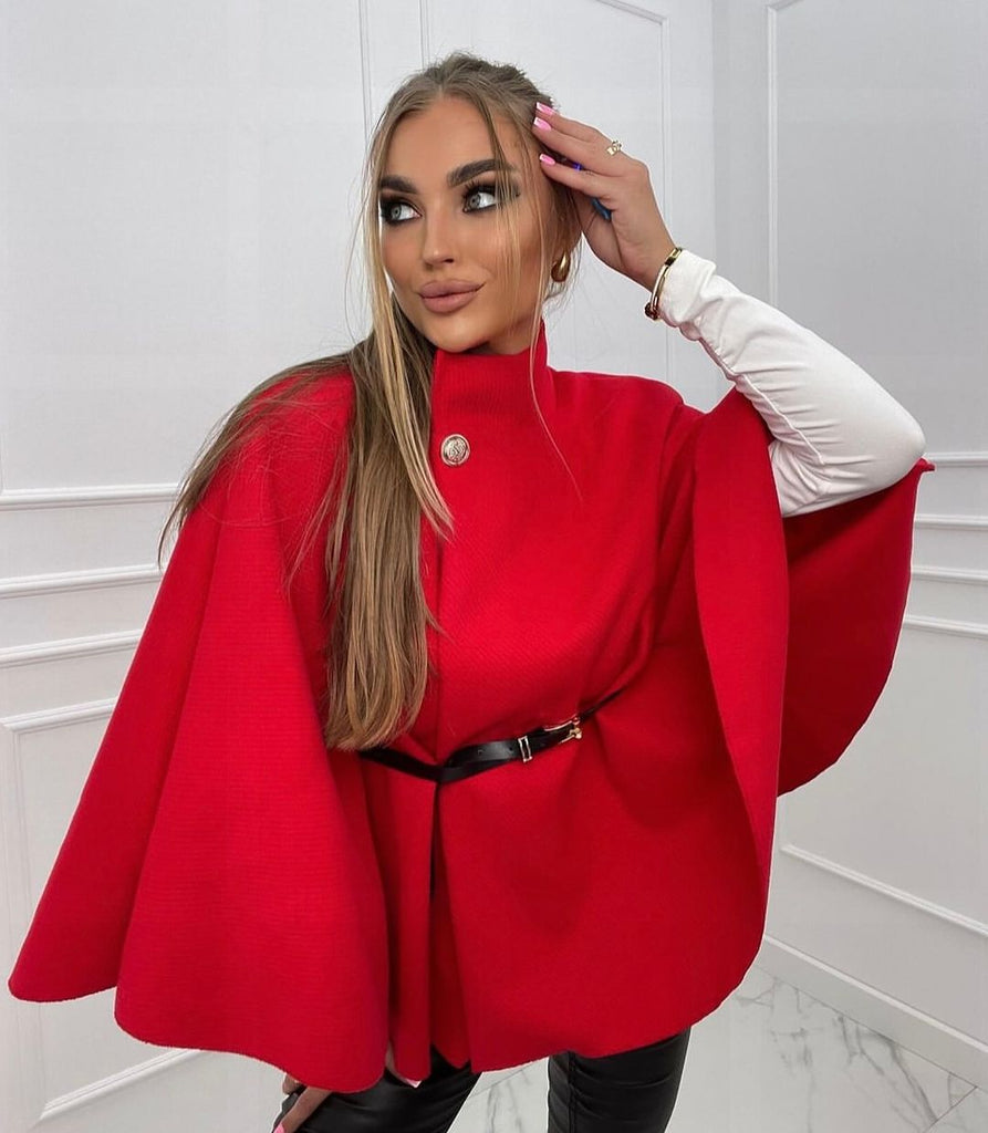 Cape Blazer Coat Poncho with Belted Waist -Red