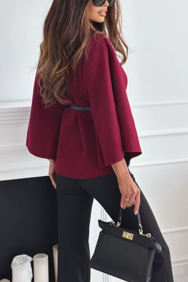 Cape Blazer Coat Poncho with Belted Waist -Wine