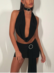 Skirt Cowl Halter Neck Backless Top & Choker Co Ord -Black