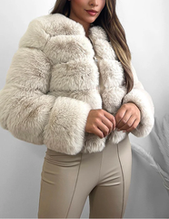 Quilted Faux Fur Cropped Puffer Jacket -Beige