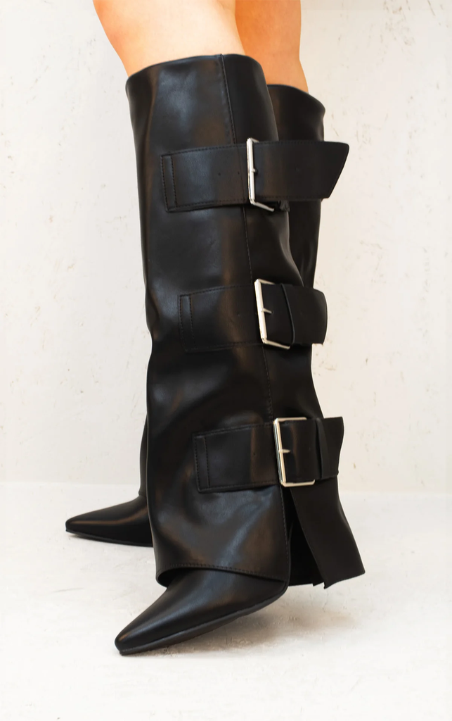 Leather Fold Over Buckle Strap Design Shark Knee High Boot -Black