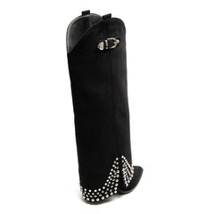 Suede Studded Western Knee-High Boots -Black