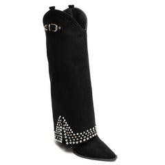 Suede Studded Western Knee-High Boots -Black