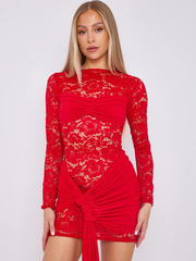 Lace Mini Dress With Drape Detail -Red