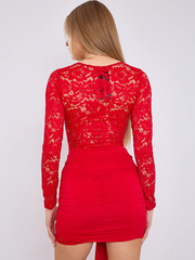 Lace Mini Dress With Drape Detail -Red