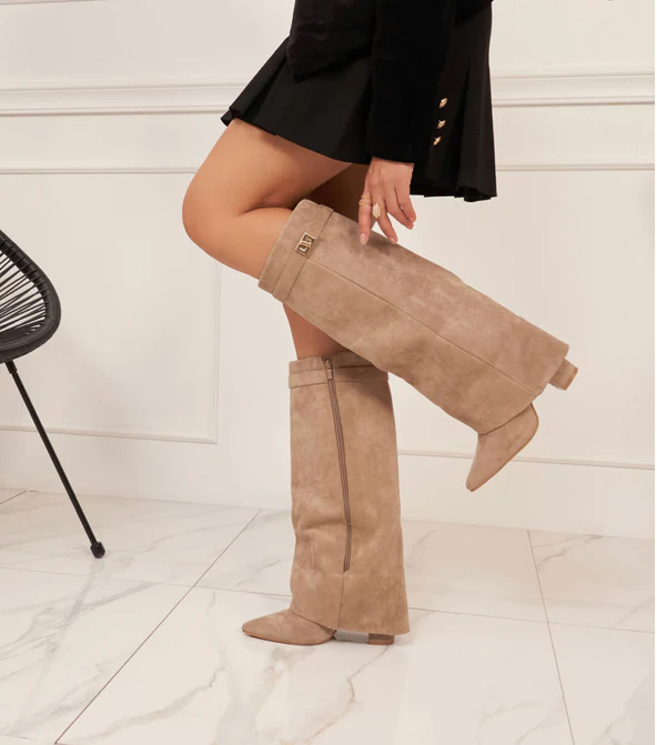 Fold Over Shark Buckle Knee High Boot Suede