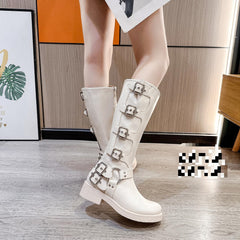 Studded & Buckled Biker Boots -Beige