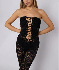 Lace Jumpsuit With Skinny Flared Legs -Black