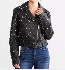 Studded Rhinestone Biker Jacket -Black