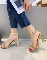 Block Heel Sandals with Rhinestone Strap -Gold