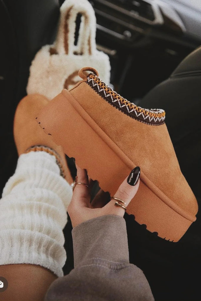 Fluffy Faux Fur Lined Platform Slippers -ChestNut