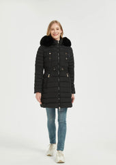 Quilted Longline Winter Coat with Faux Fur Hood -Black