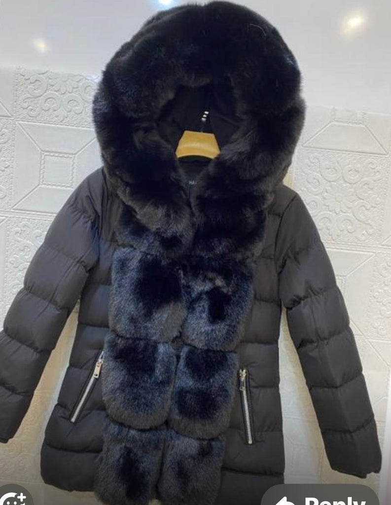 Kids: Faux Fur Trim Hooded Down Jacket -Black