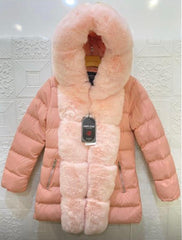 Kids: Faux Fur Trim Hooded Down Jacket -Peach Pink