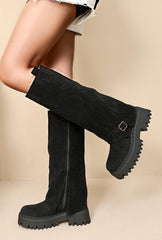 Chunky Knee-High Boots with Rugged Sole -Black