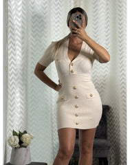 Ribbed Button-Down Knit Dress with Gold Buttons -Cream