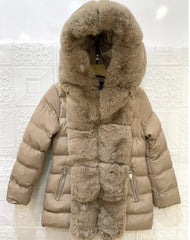 Kids: Faux Fur Trim Hooded Down Jacket -Beige