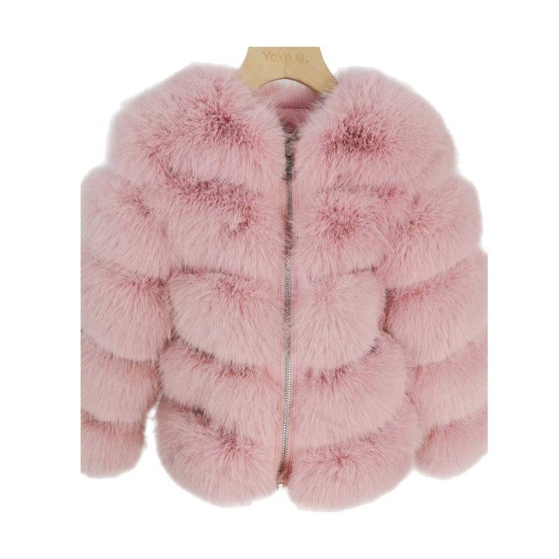 Kids: Fur Jacket Front Zip Fastening -Pink