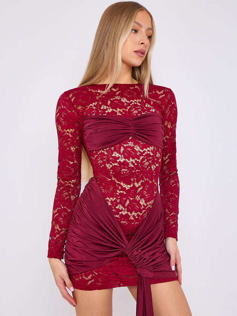 Lace Mini Dress With Drape Detail -Wine