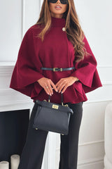 Cape Blazer Coat Poncho with Belted Waist -Wine