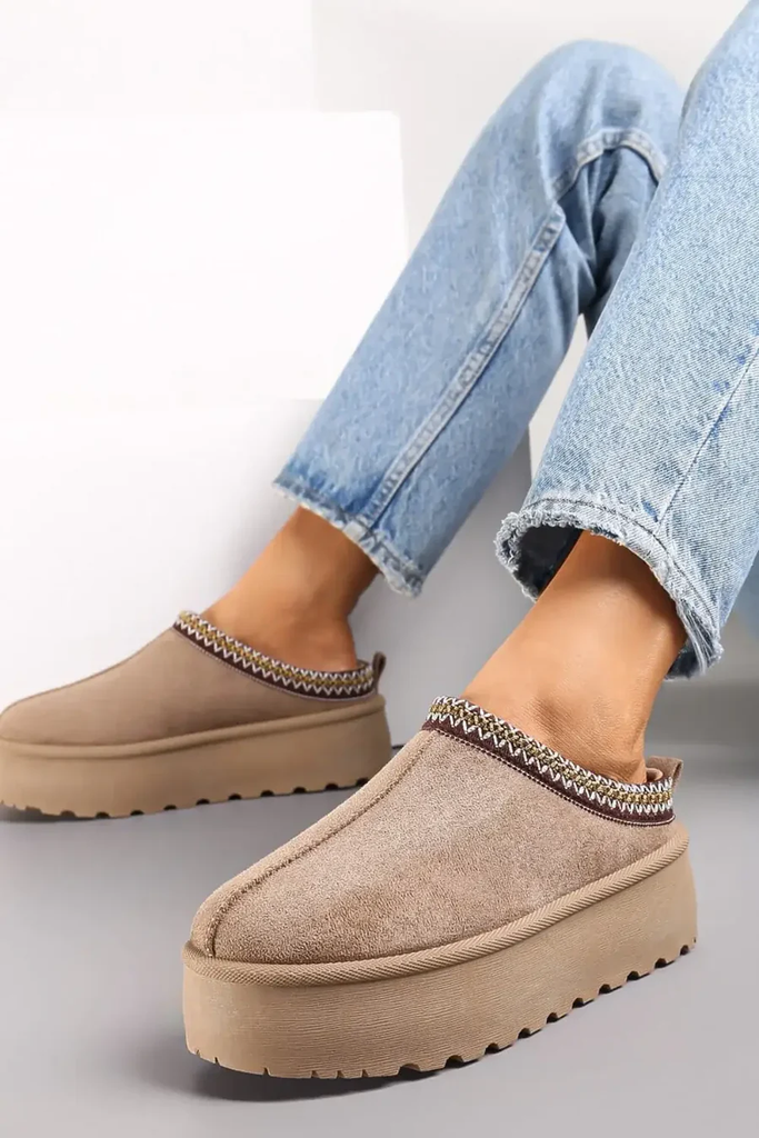 Fluffy Faux Fur Lined Platform Slippers -Taupe