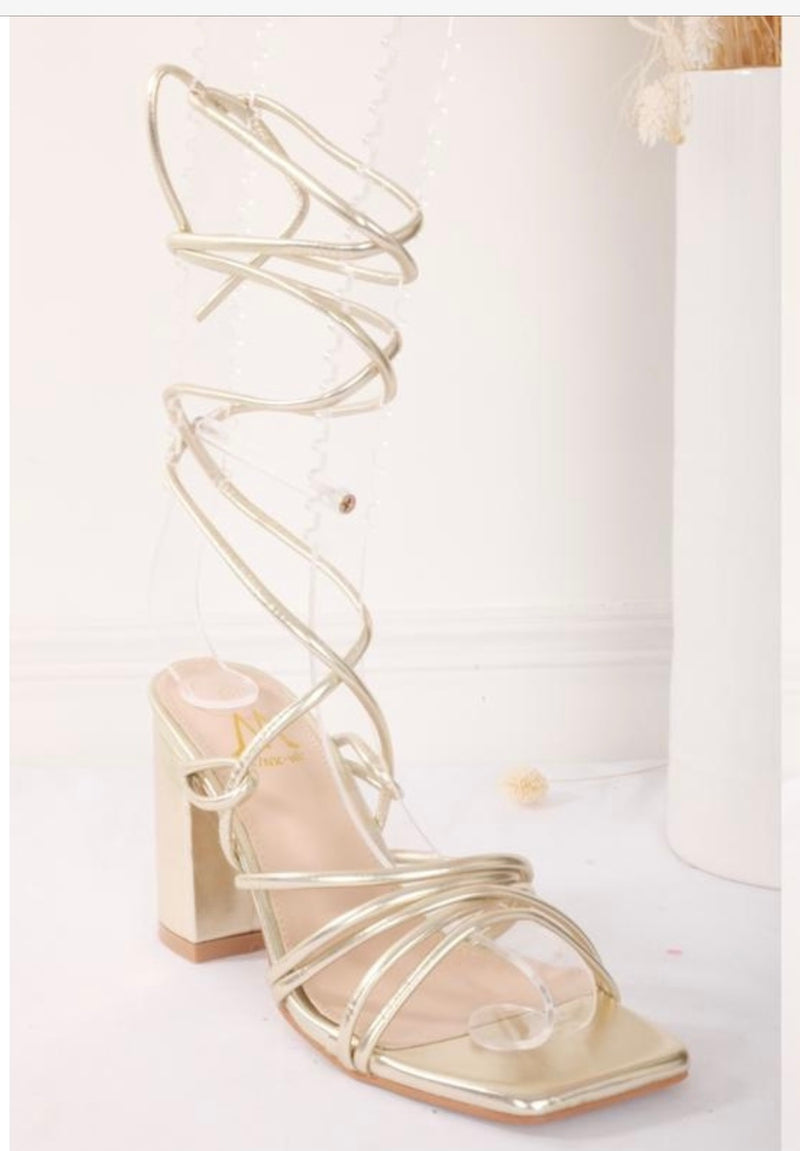 Yola Rose Gold Strappy Block Heeled Lace Up Sandals | Public Desire