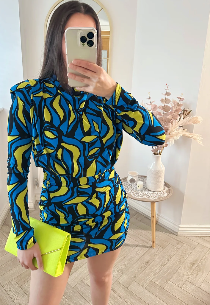 Geometric Print Gathered Shoulder Pad Dress -Lime/Blue